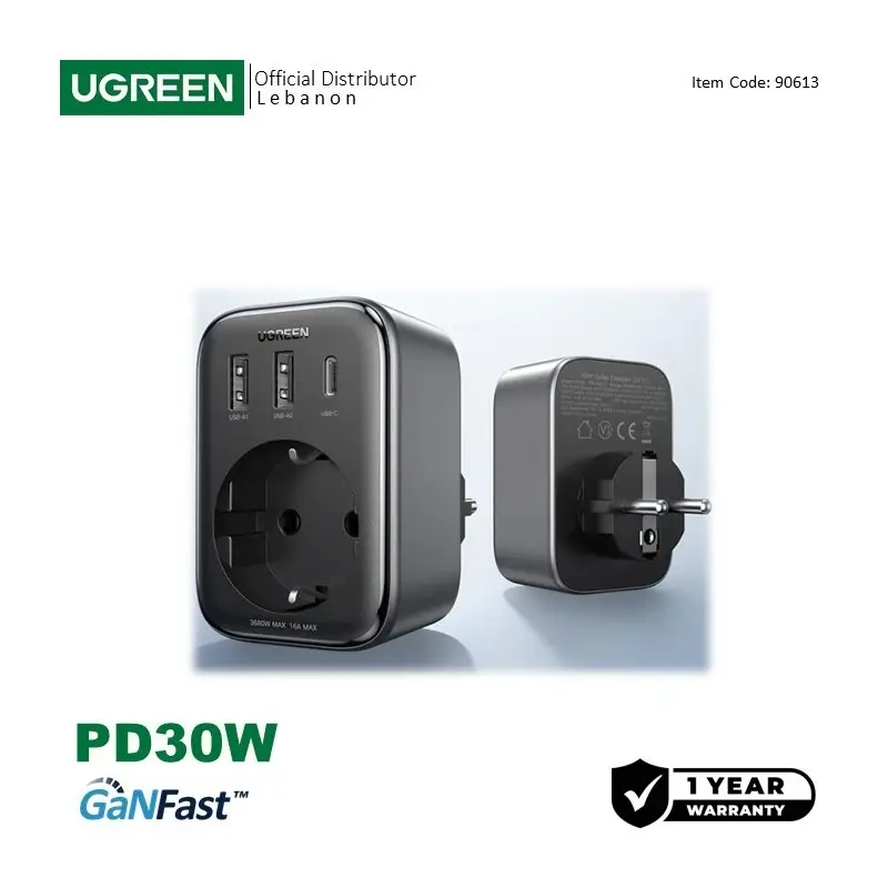 UGREEN 30W 4 in 1 Wall Outlet Extender, 3 Ports, Smart & Fast Charger for Phones, Tablets & Ipads