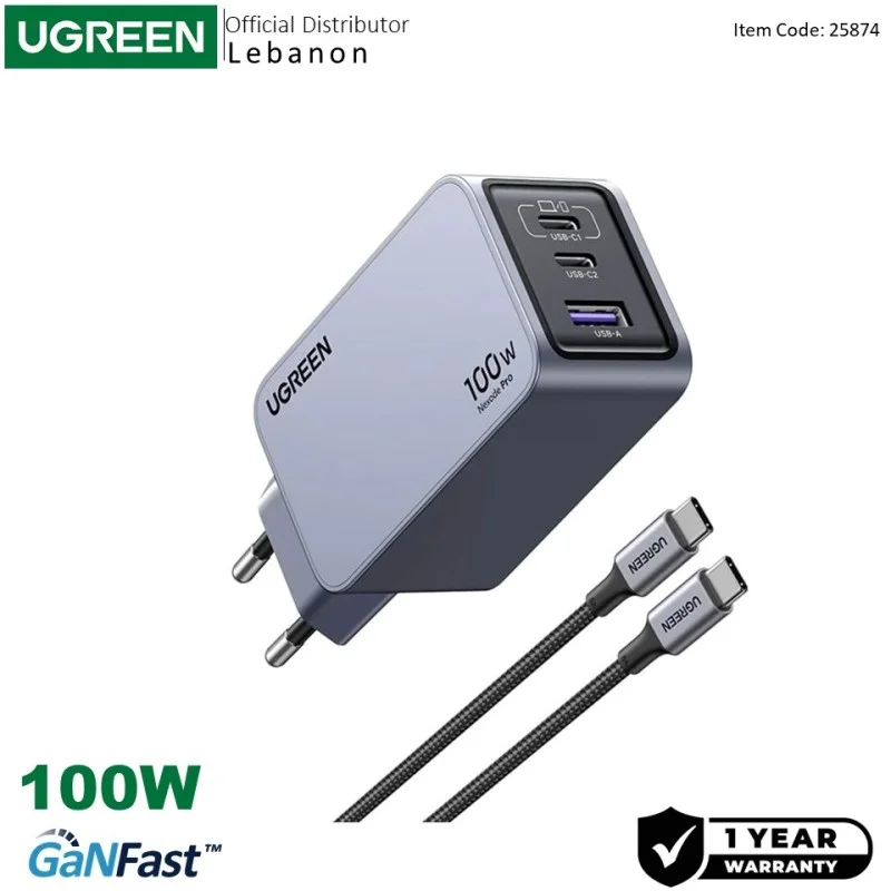 UGREEN Nexode Pro 100W GaN Tech Chip, 3 Ports Charger for Phones, Tablets, Ipads, Laptops & MacBooks