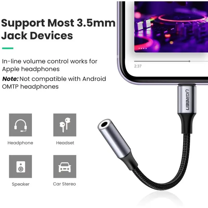 UGREEN Lightning to 3.5mm Audio Female, MFI Apple Certified, Nylon Braided & Aluminum Body