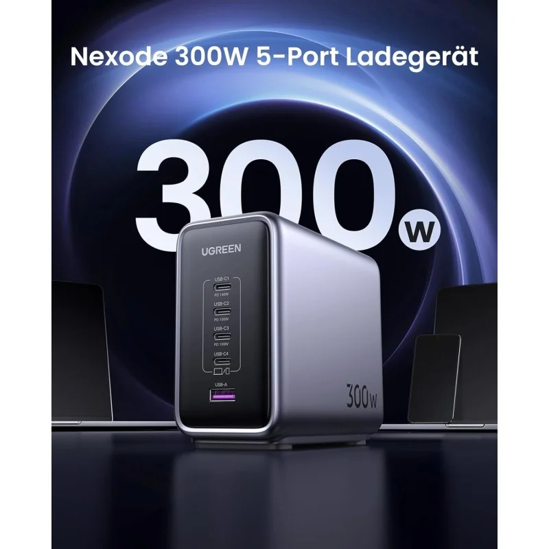 UGREEN NEXODE 300W GaNInfinity Chip, 5 Ports Charger for Phones, Tablets, Ipads, Laptops & MacBooks