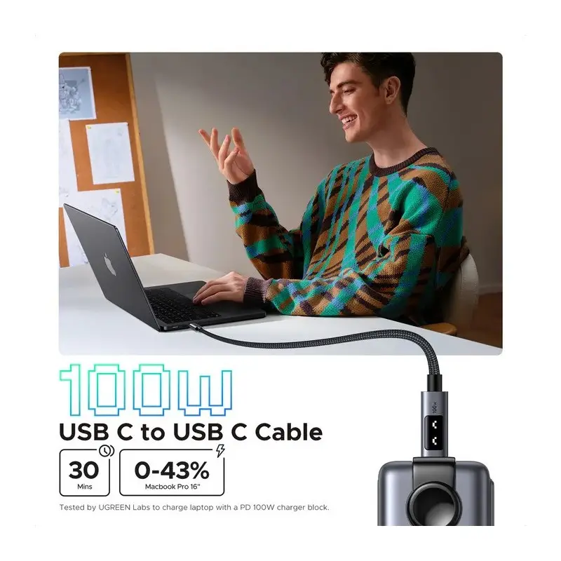 UGREEN Braided USB-C to USB-C Cable, 100W Fast Charge, LED Display, and Durable Design