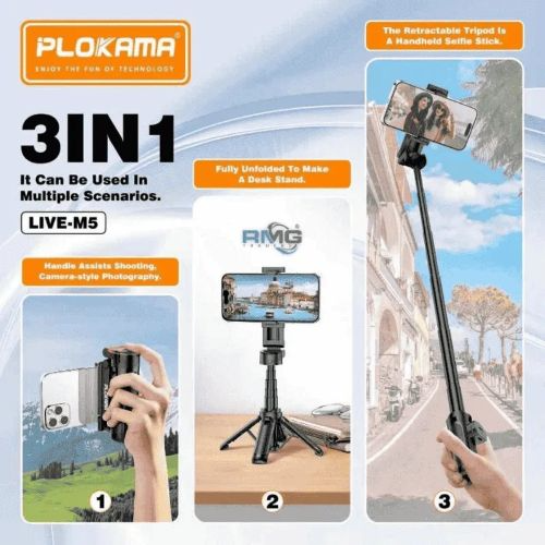 PLOKAMA LIVE-M5 3-in-1 Mini Gimbal Style Wireless Selfie Stick Tripod with Bluetooth Remote for Mobile Photography