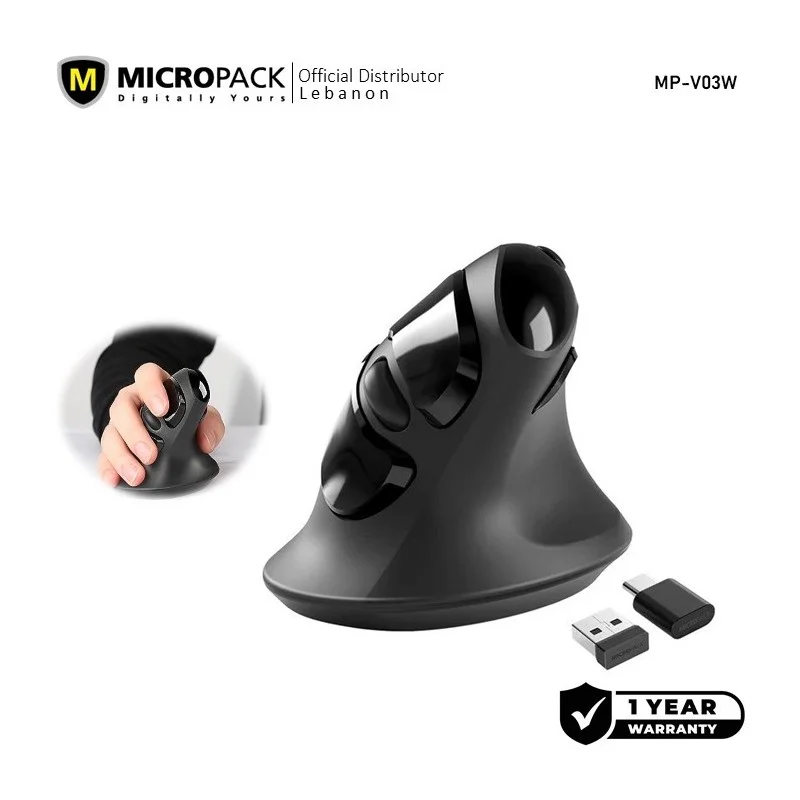 Micropack Speedy Pro MP-V03W, Vertical Wireless Mouse, 1600 Dpi, Dual Receiver USB-A + USB-C, Connect and switch Up To 2 Devices
