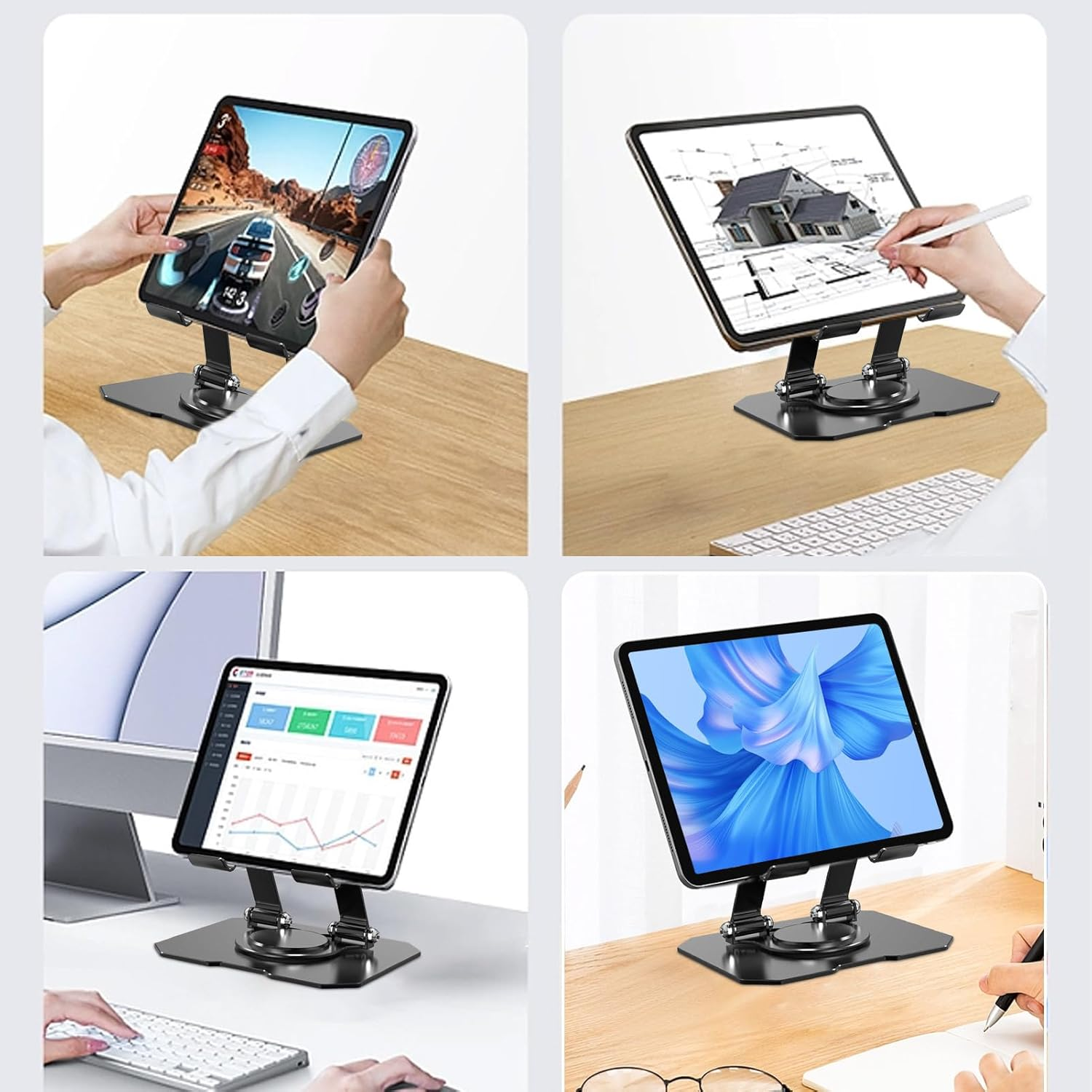 Tablet Stands, 360 Degree Adjustable Carbon Steel Swivel Tablet Stand with Multiple Silicone Protectors Desk Stand, Foldable Desk Stand Compatible with All