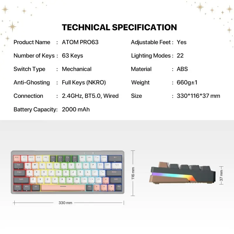 Fantech STELLAR Edition MK912 - ATOM PRO63, 3 Modes: Bluetooth, Wireless & Wired, Built-in Battery, Mechanical Gaming Keyboard