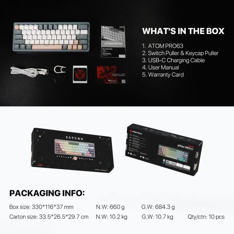 Fantech STELLAR Edition MK912 - ATOM PRO63, 3 Modes: Bluetooth, Wireless & Wired, Built-in Battery, Mechanical Gaming Keyboard