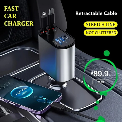 4 in 1 Car Charger 120W Turbo Charge, 4 Ports Fast Charging with Retractable Cables