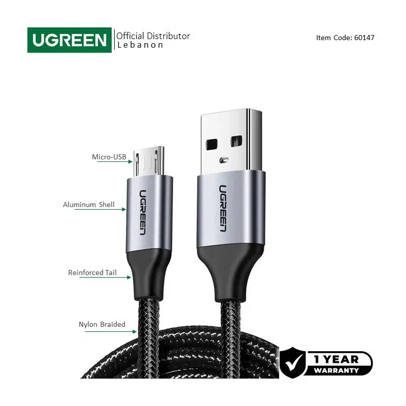 UGREEN USB-A to Micro USB Braided Cable, Fast Charge