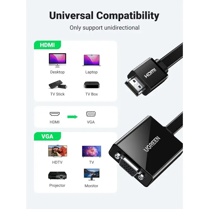 UGREEN Full HD HDMI Male to VGA Female Adapter Cable, Full HD Resolution