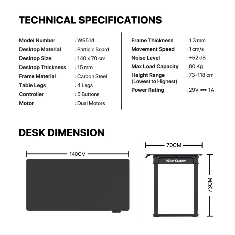 Fantech WS514 Work Station, Dual Electrical Motor, Adjustable Height Desk, Stable Design, load up to 80KG