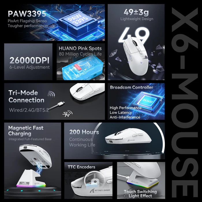 Attack Shark X6 Tri-Mode 49g Superlight Gaming Mouse With Charging Dock