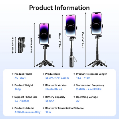 XO Selfie Stick Phone Tripod Stand with Bluetooth Remote for iPhone|Android