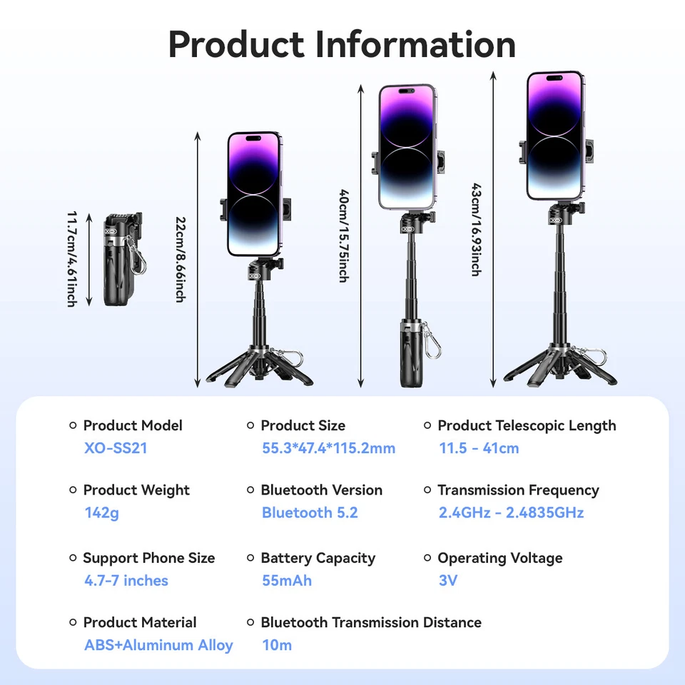 XO Selfie Stick Phone Tripod Stand with Bluetooth Remote for iPhone|Android